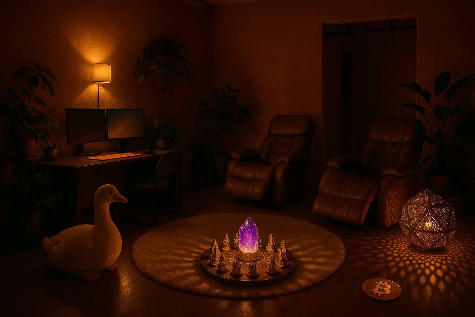 An imagined render of Star's casita: dusty-rose walls, a glowing amethyst altar on a round rug, reclining chairs, a perforated lamp throwing lattice light, a large plush goose, an orange coin.